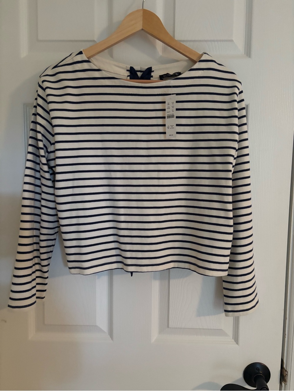 NWT J. Crew Bow Back Navy and White Striped Long Sleeve Boatneck Top